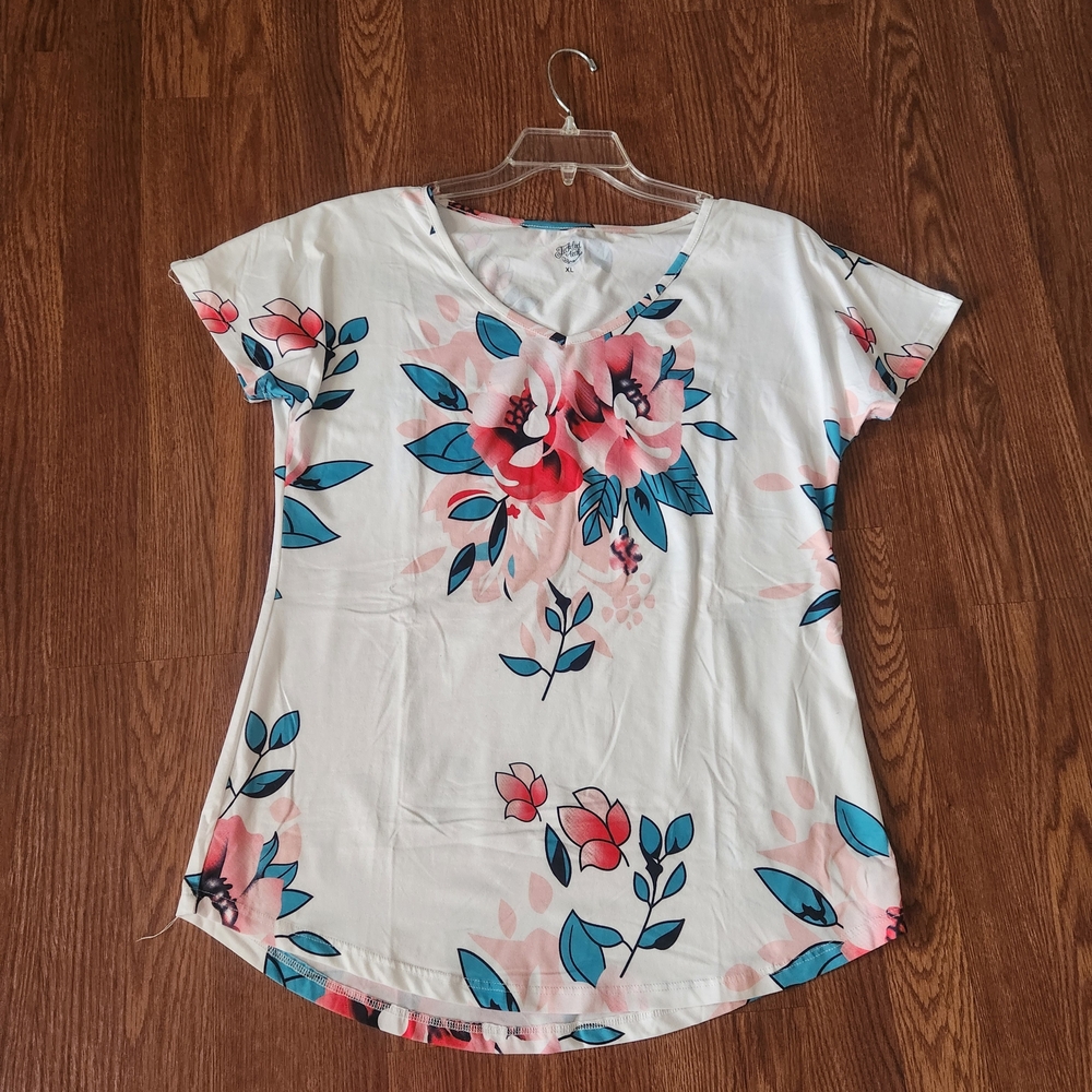 Tickled Teal Floral Short Sleeve Top - Pink and Blue on White